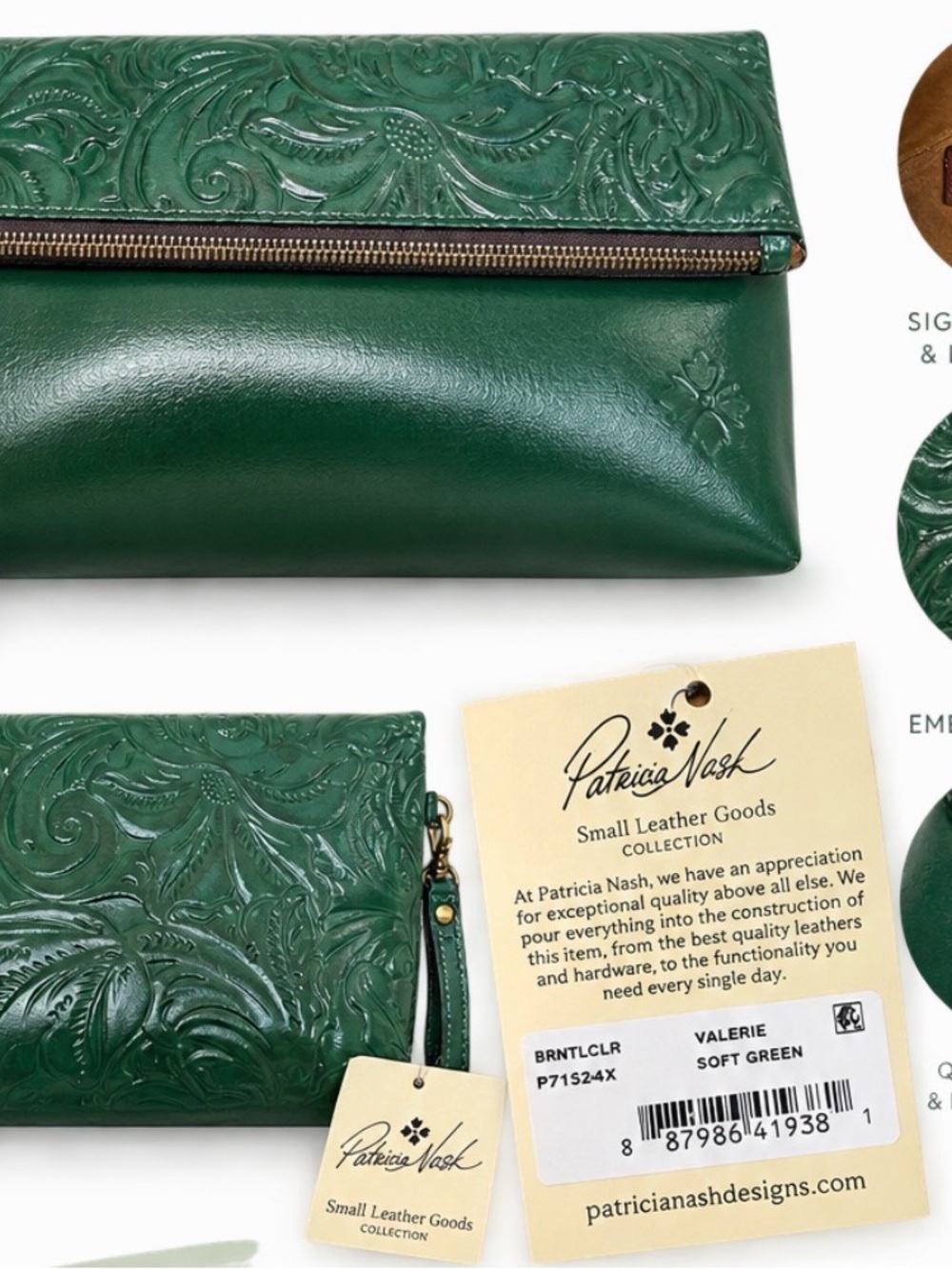 Patricia Nash Emerald Green Embossed Leather Wristlet Clutch